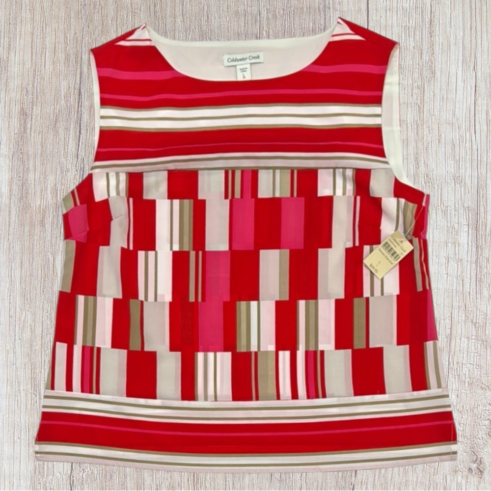 NWT Coldwater Creek Red White Brown Color Block Staccato Sleeveless Blouse LG